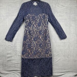 Keepsake Navy Blue Lace Overlay Long Sleeve‎ Midi Dress Elegant Party